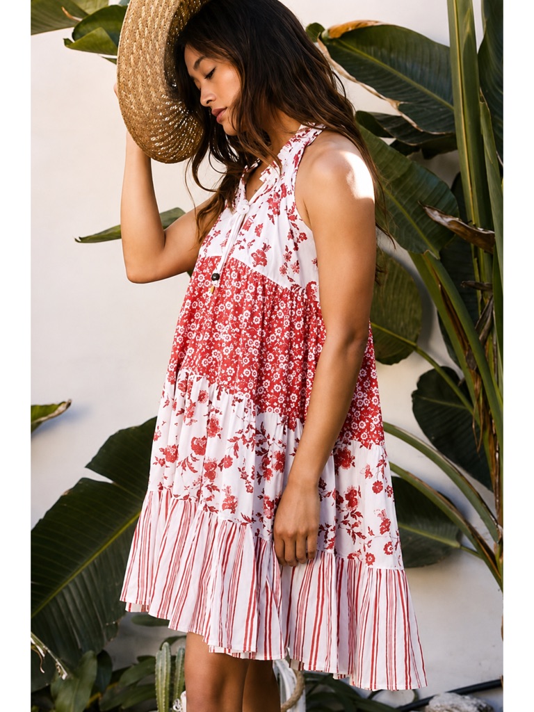 Ro’s Garden Anthro Sofia Red White Floral Sleeveless Tiered Boho Mini Dress